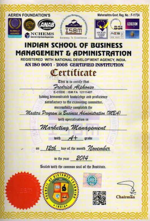 MBA in Marketing certificate